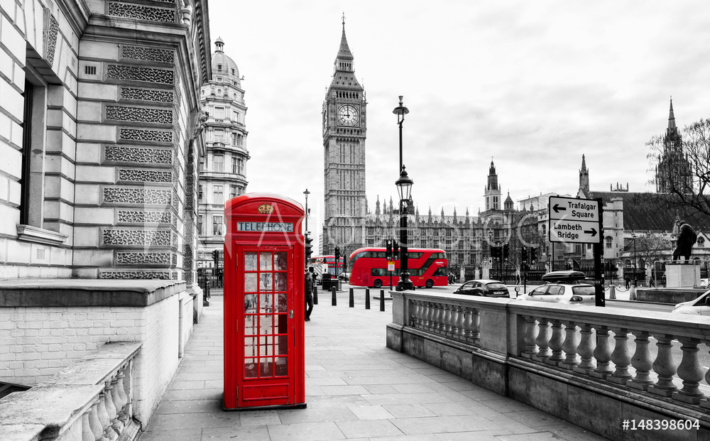 Obraz na płótnie Londyn budka telefoniczna i Big Ben | fotoobraz w salonie