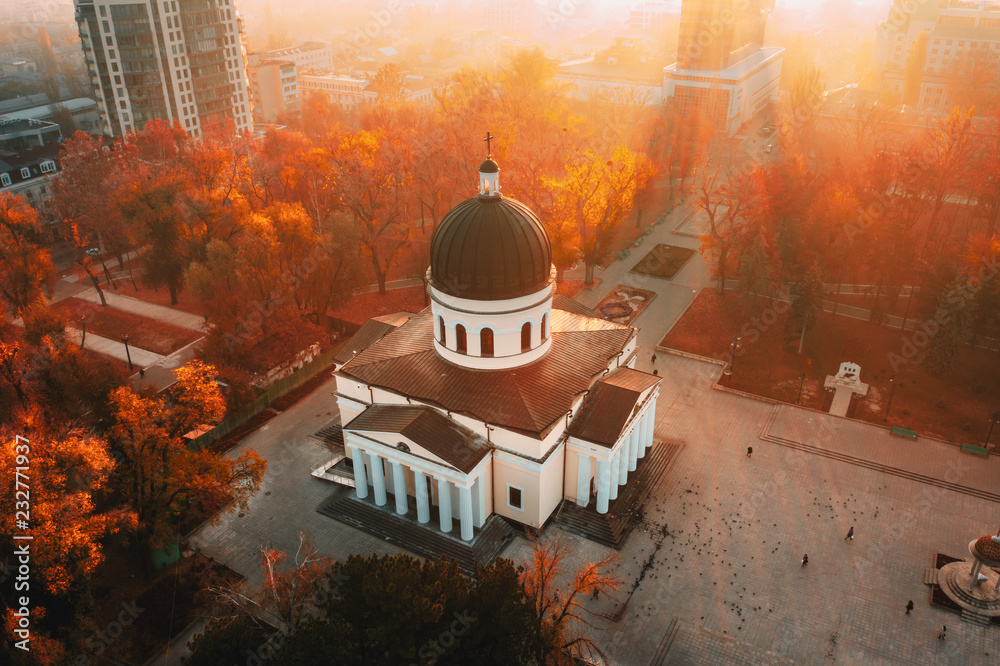 Chisinau Metropolitan Cathedral in Central Park,  Moldova Republic. Aerial view. Artistic tonning