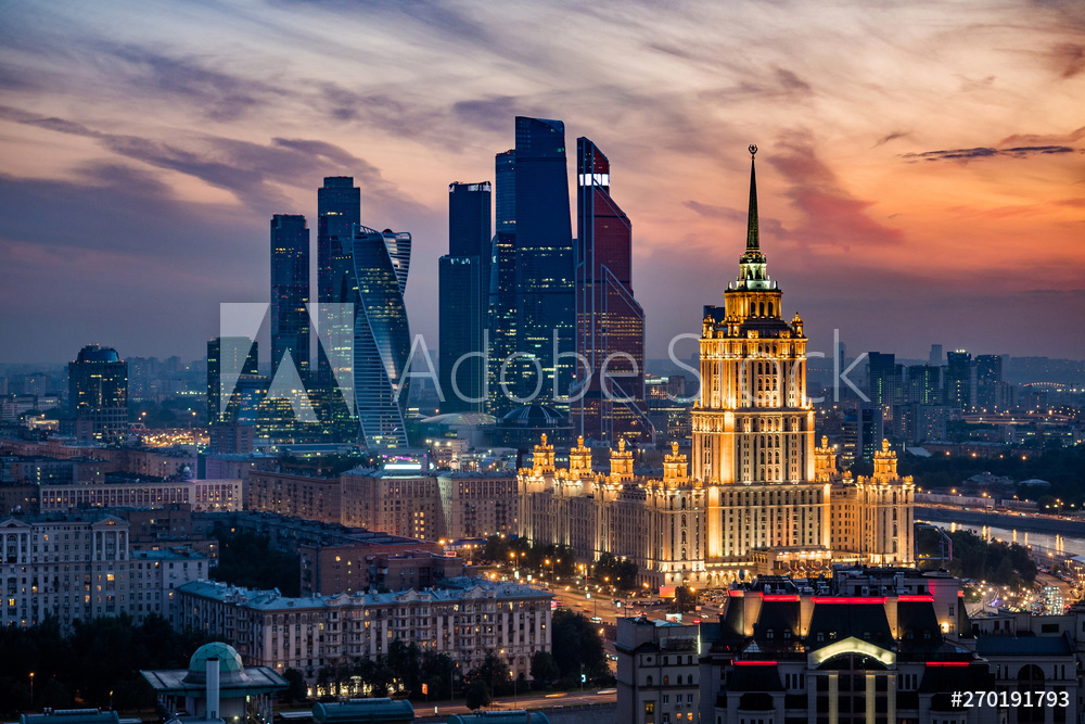 Obraz na płótnie panorama Moskwy o zachodzie słońca | fotoobraz w salonie