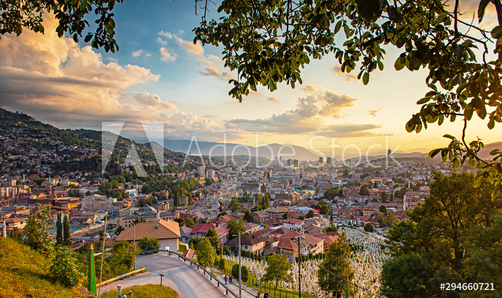 Obraz na płótnie Zachód słońca widok Sarajewa, Bośnia | fotoobraz w salonie