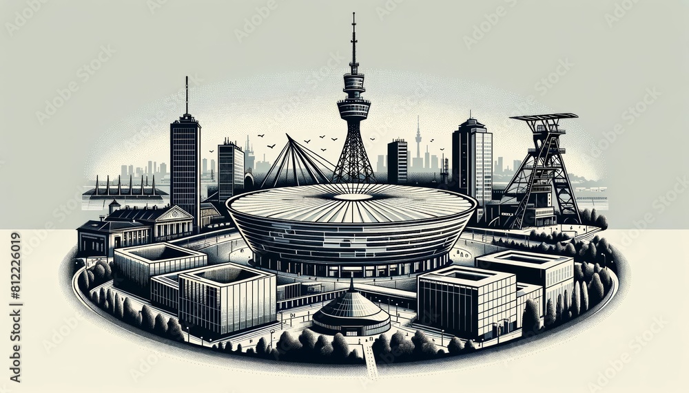 Katowice - stylizowana ilustracja retro z widokiem na Spodek i wieżę szybu