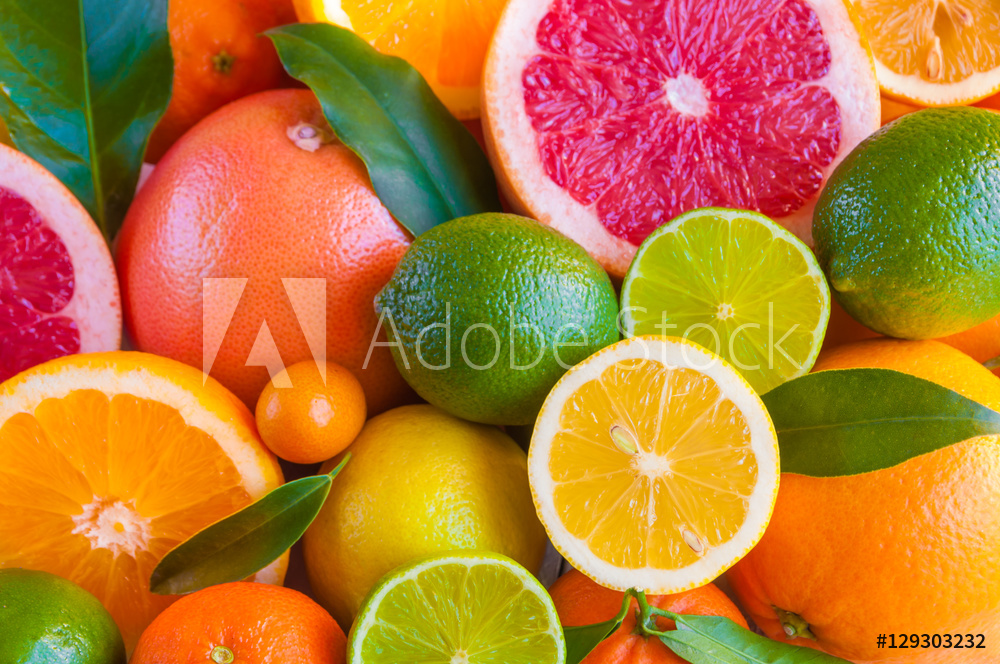 Obraz na płótnie Cytrusy: pomarańcza, grejpfrut, cytryna w salonie