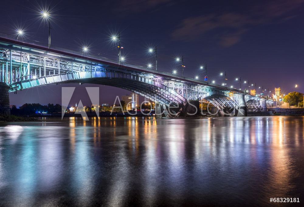 Obraz na płótnie Podświetlany most w Warszawie nocą | Obraz na płótnie w salonie