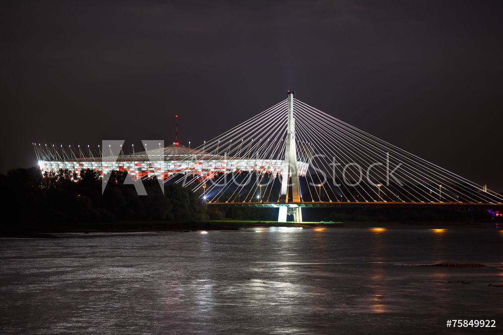 Obraz na płótnie oświetlony Most Świętokrzyski i Stadion Narodowy w Warszawie | Obraz na płótnie w salonie